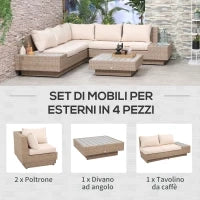 Set da Giardino 4 Pezzi in Rattan, Divano Angolare con Cuscini e Tavolini, Nero e Marrone chiaro