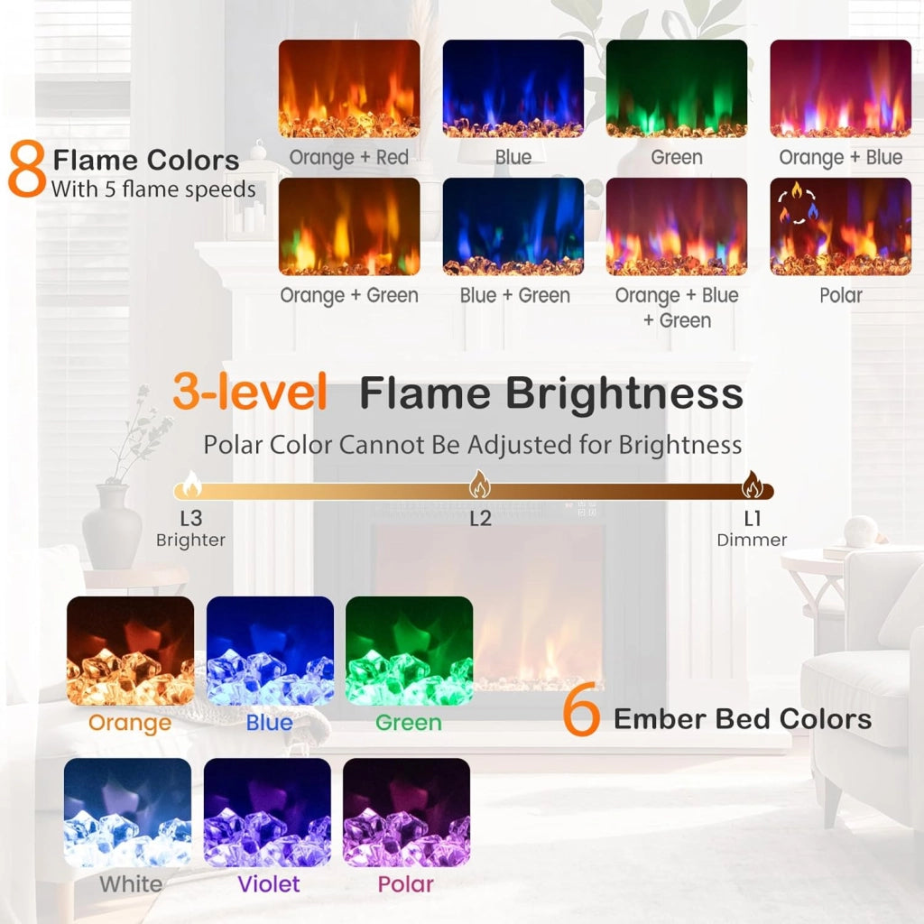Camino Elettrico 1500W, Caminetto Elettrico con Effetto Fiamma LED a 8 Colori, 3 Livelli di Luminosità,17-32℃, Protezione Anti Surriscaldamento, Telecomando (49,1 X 12,3 X 45 CM)