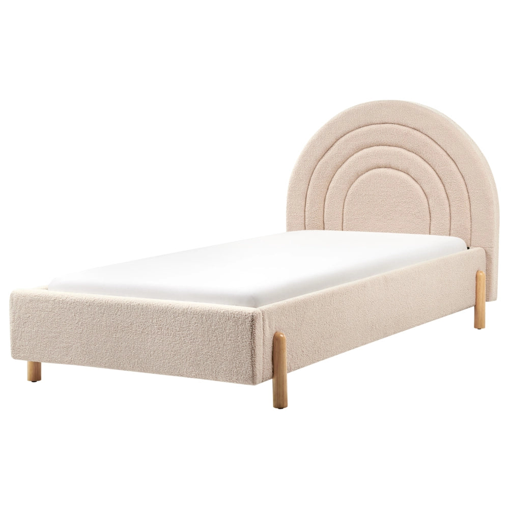 Letto singolo retrò con testiera rotonda in boucle beige 90 x 200 cm  con Testiera a Mezza Luna