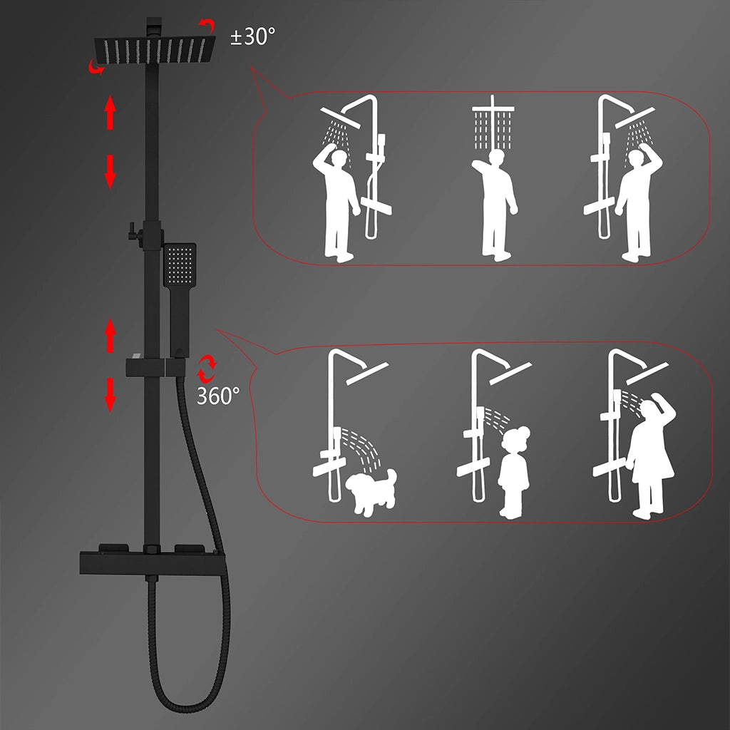 Colonne doccia nero, soffione doccia quadrato 20x20cm acciaio inox, miscelatore termostatico doccia rettangolo antiscottature
