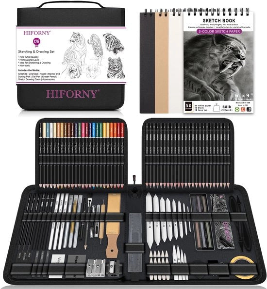 Set di matite grafite professionale - 126 pezzi - quaderno di schizzi 3-colori - carbone/grafo - blending/herramientas di supporto - borsa portatile - attrezzature per disegno