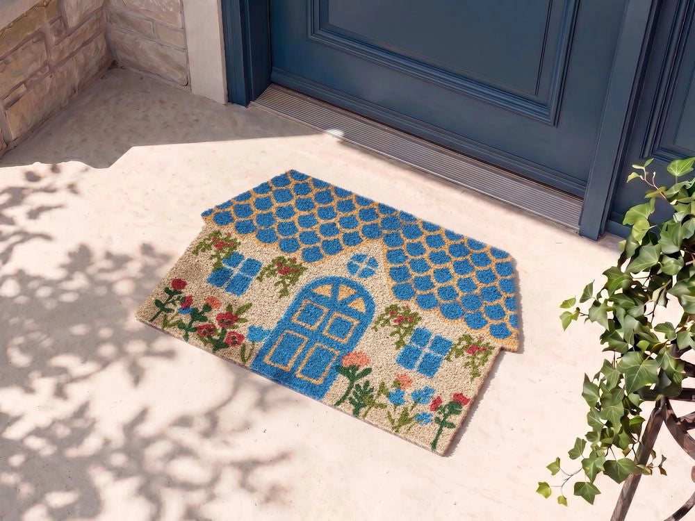 Zerbino blu in fibra di cocco con fondo antiscivolo 40 x 60 cm decorazione stampa casa tappeto di benvenuto antiscivolo
