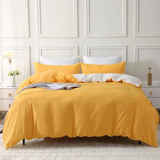 Set di coperte a due pezzi, 135 x 200 cm, cotone, 2 pezzi, set di coperte gialle con chiusura a righello, tessuto con testura simile a lino stone washed, contiene 1 coperta 135 x 200 cm e 1 cuscino 80 x 80 cm