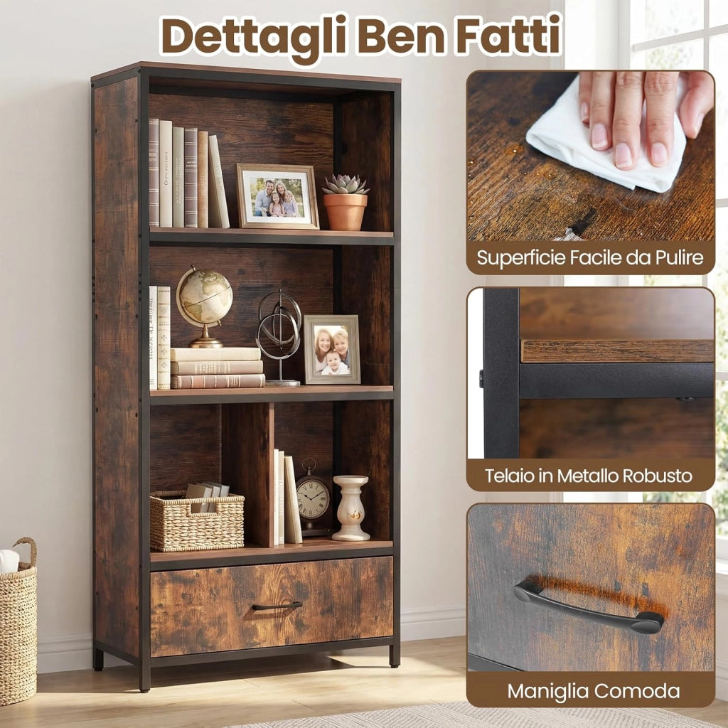 Libreria Scaffale a 3 Livelli, Mobile Alto con 4 Scomparti 1 Cassetto in Tessuto Pieghevole e 2 Dispositivi Antiribaltamento, per Studio e Ufficio, 68x30,5x151,5 cm (Marrone)