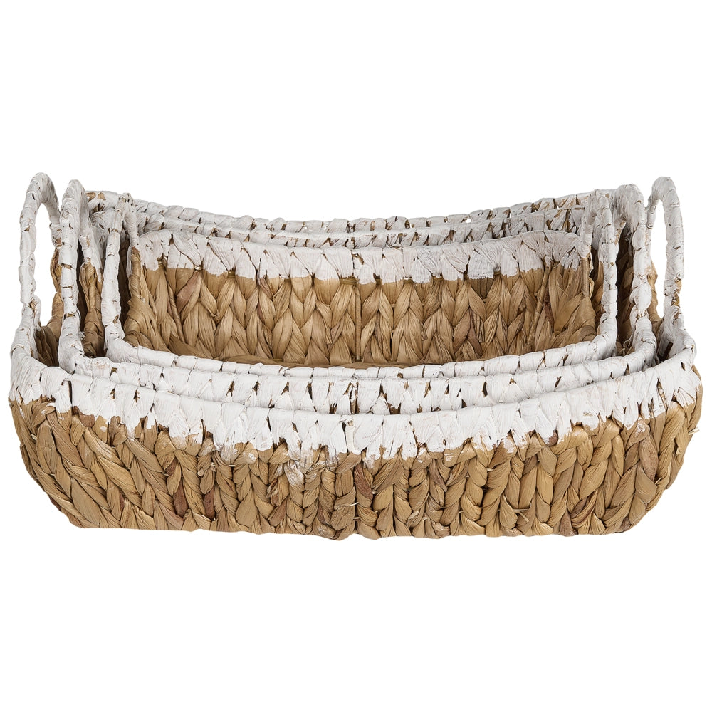 Set di 3 cestini in giacinto d'acqua con struttura in metallo e manici realizzati a mano stile boho classico