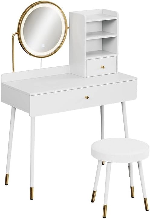 Tavolo da toeletta Mirela, Bianco, 90 cm con specchio LED e sgabello, adatto per la cura quotidiana e l'organizzazione di articoli cosmetici