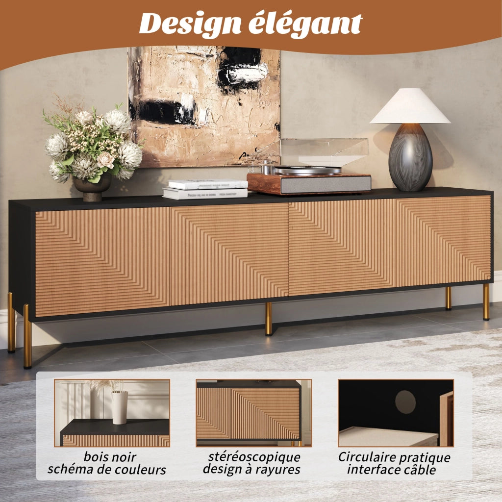 Mobile TV con 4 Ante senza Maniglie e Piedini in Metallo Dorato; Stile Moderno; 179??35??53;5 cm; Nero Naturale