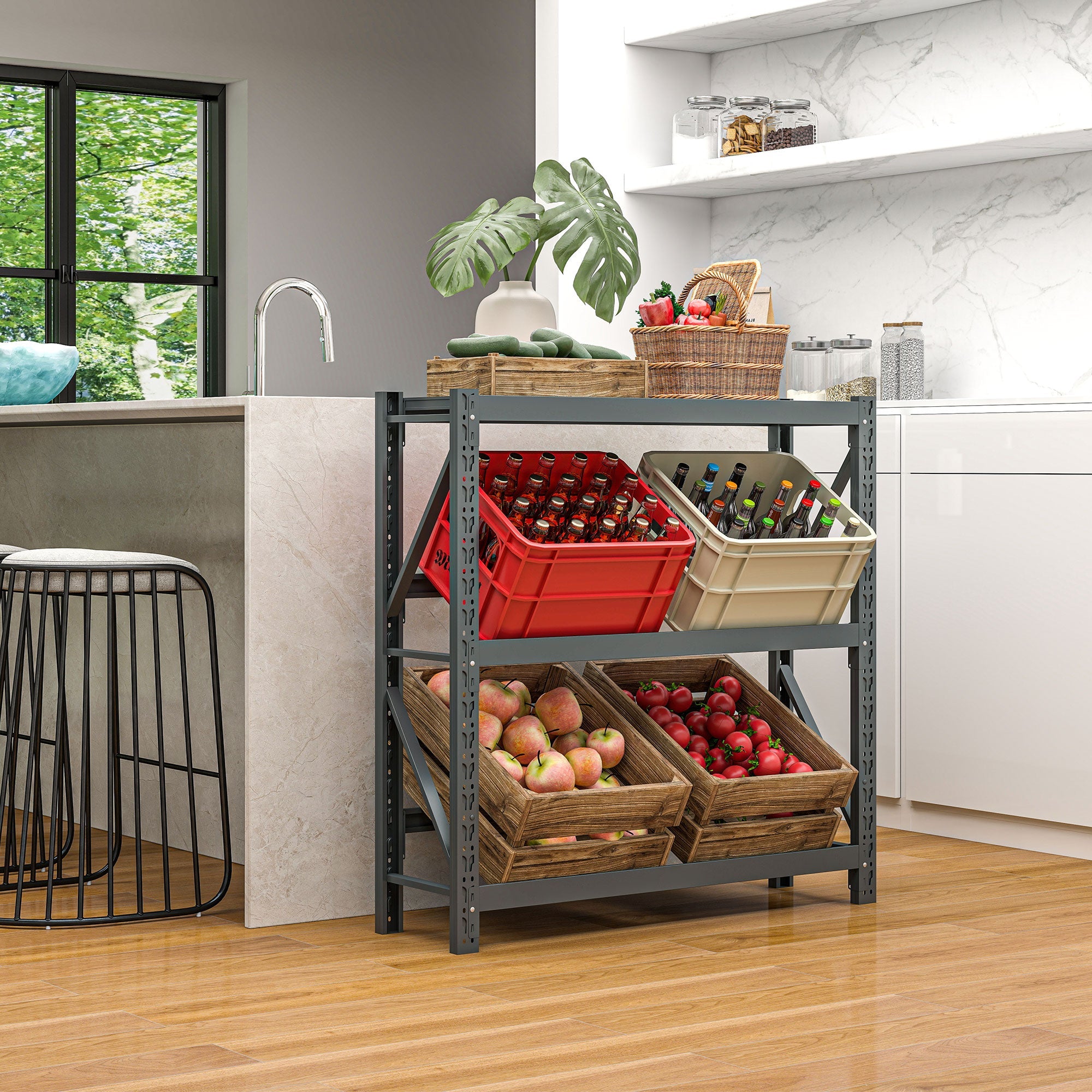 Scaffale Autoportante a 3 Livelli Ripiani Regolabili per 6 Casse di Bevande 110x30x110 cm Grigio