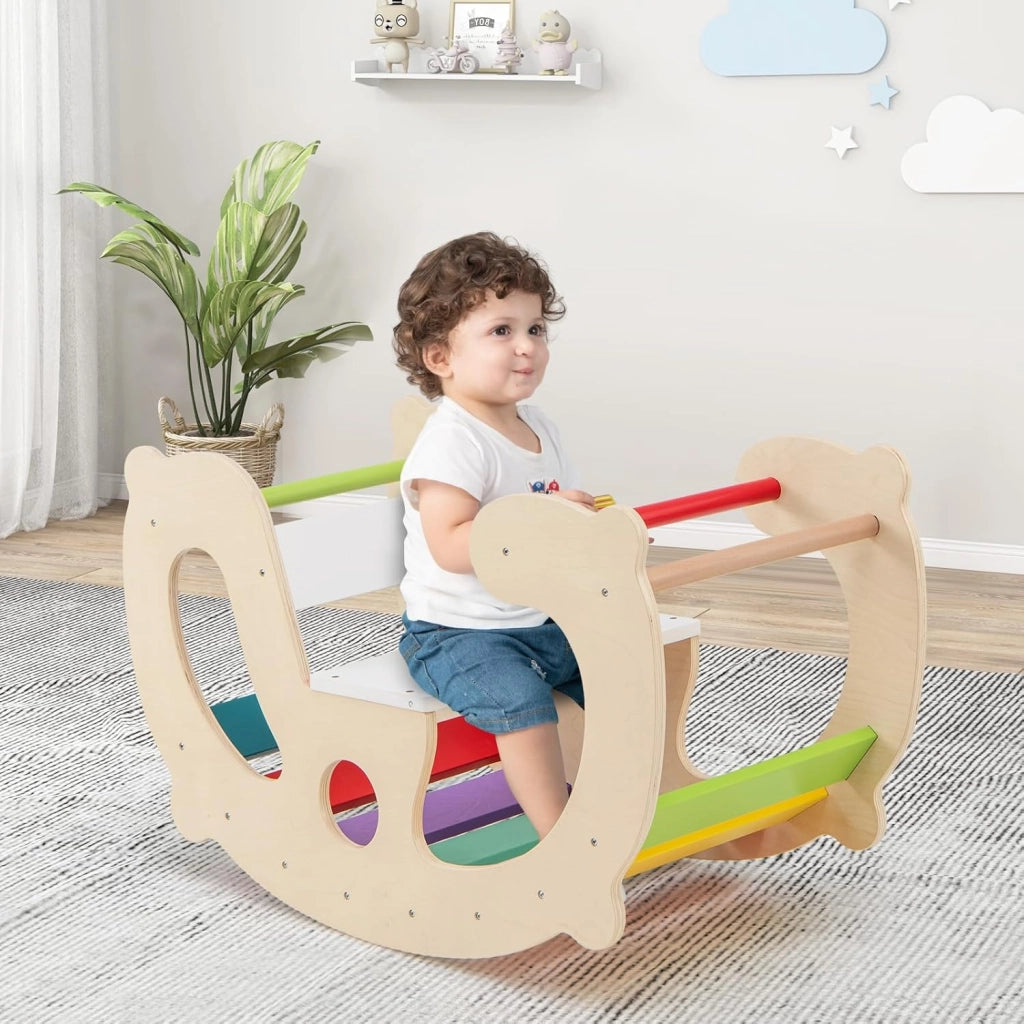 2 in 1 Arco da Arrampicata per Bambini, Arrampicata ad Arco con Dondolo Schienale e Sedile, Cavallo a Dondolo in Legno per Bambini 1 Anni +