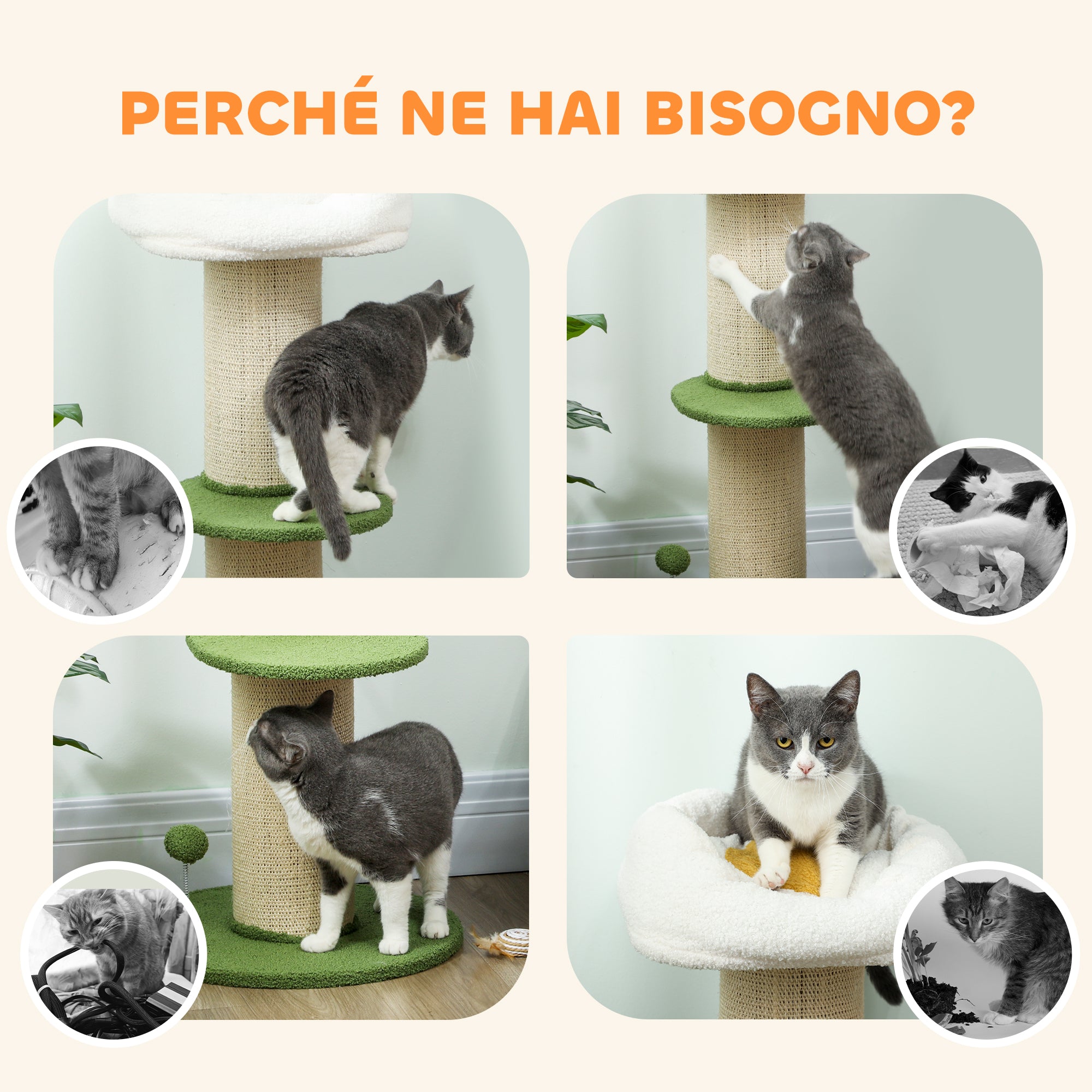 Albero Tiragraffi per Gatti Alto 92 cm con Palo in Sisal e Lettino a Forma di Fiore Verde