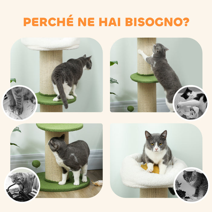 Albero Tiragraffi per Gatti Alto 92 cm con Palo in Sisal e Lettino a Forma di Fiore Verde