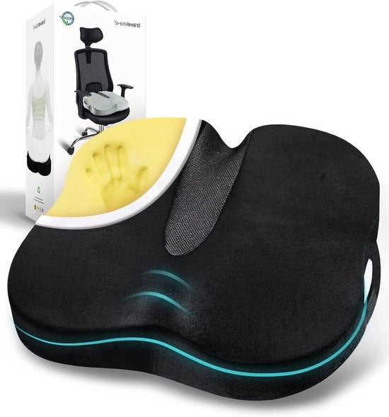 Cuscino Ergonomico Premium con Schiuma di Alta Qualità per Seduta con Base Antiscivolo per un Comfort Duraturo - Supporto per la Schiena in Pelle Nera per Sedia da Ufficio, Sedia per Auto e Sedia per Gioco