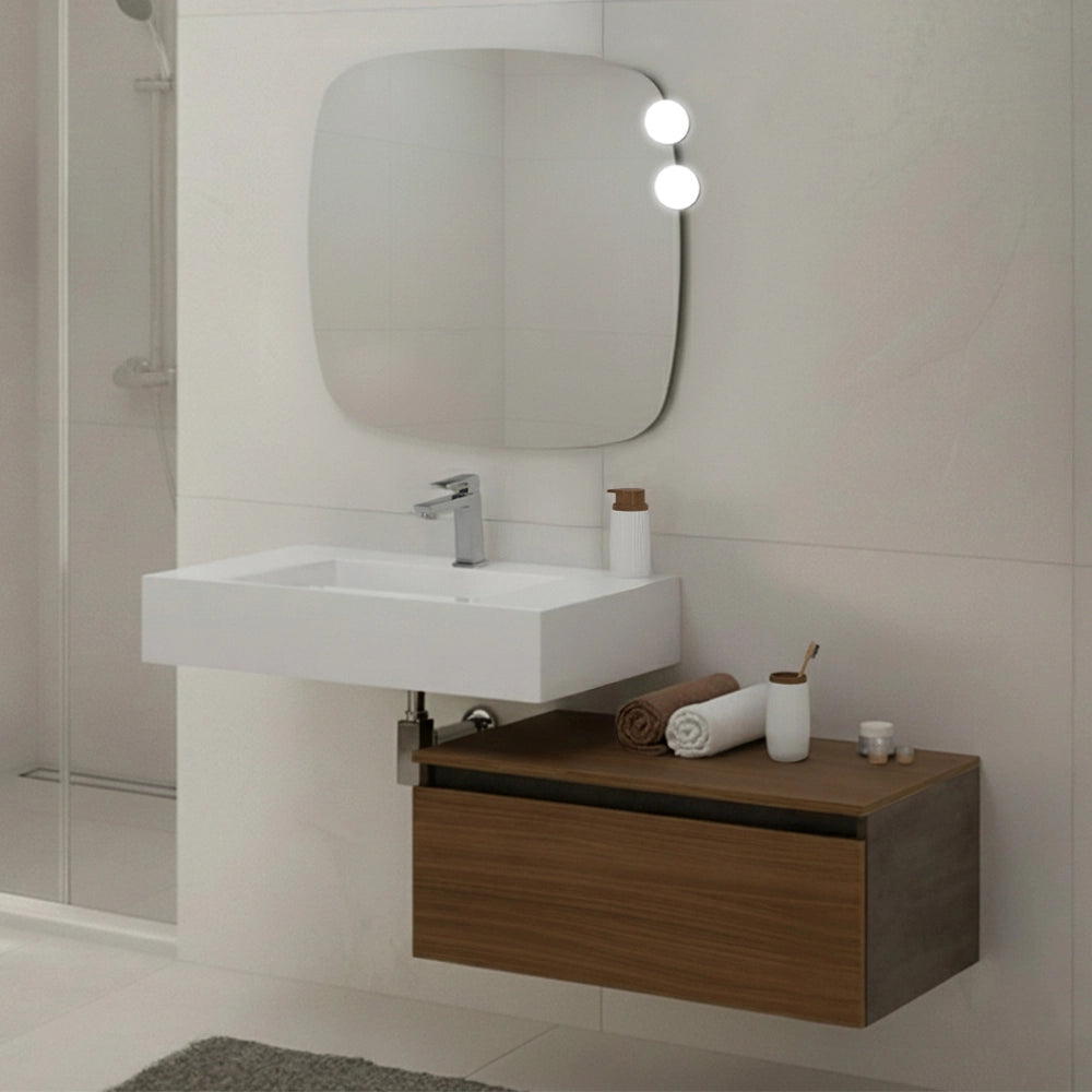 Specchio da parete con faretti LED 80x80 a filo lucido con angoli arrotondati - Aurea