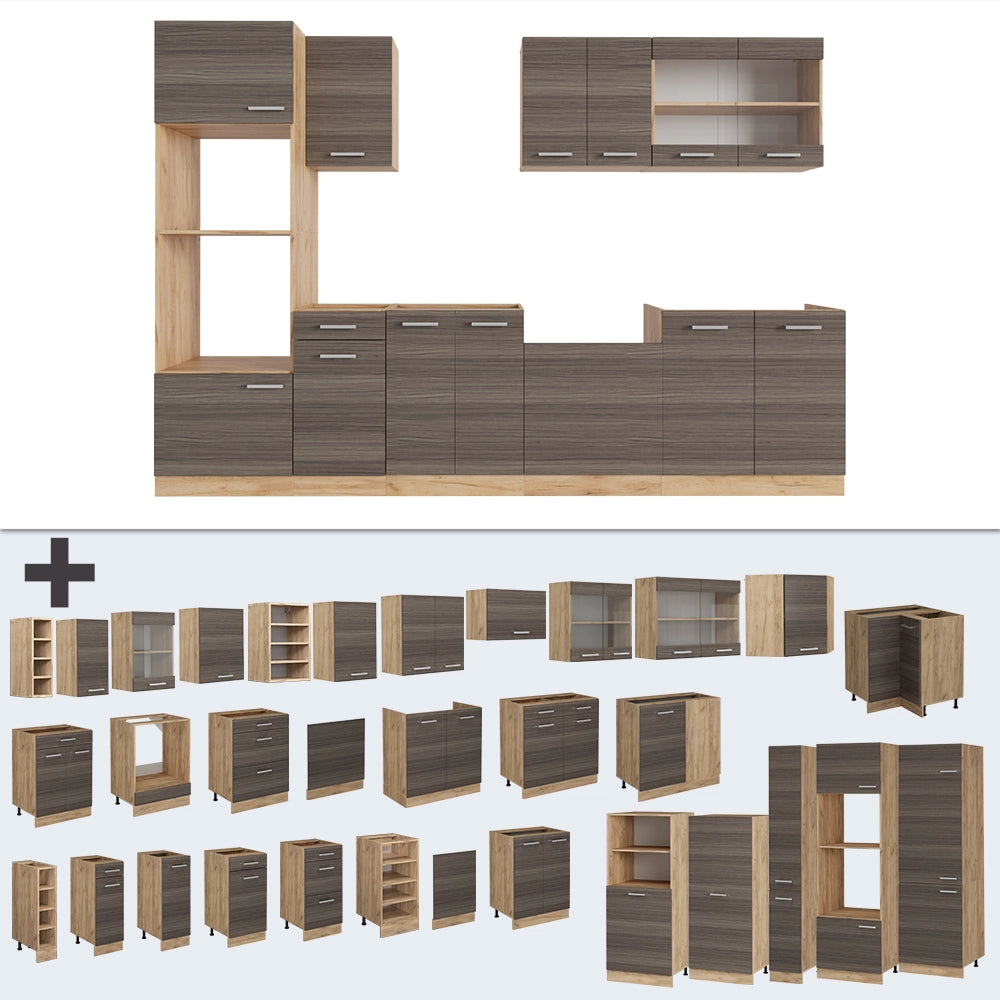 Vicco Cucina componibile Grigio nobile/rovere dorato 300 cm con armadio alto, PL Antracite
