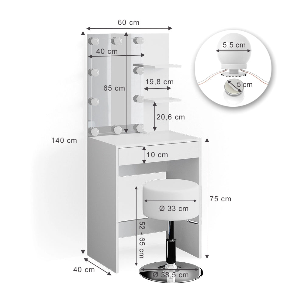 Vicco Tavolo da toeletta Bianco 60 cm con illuminazione LED e sgabello