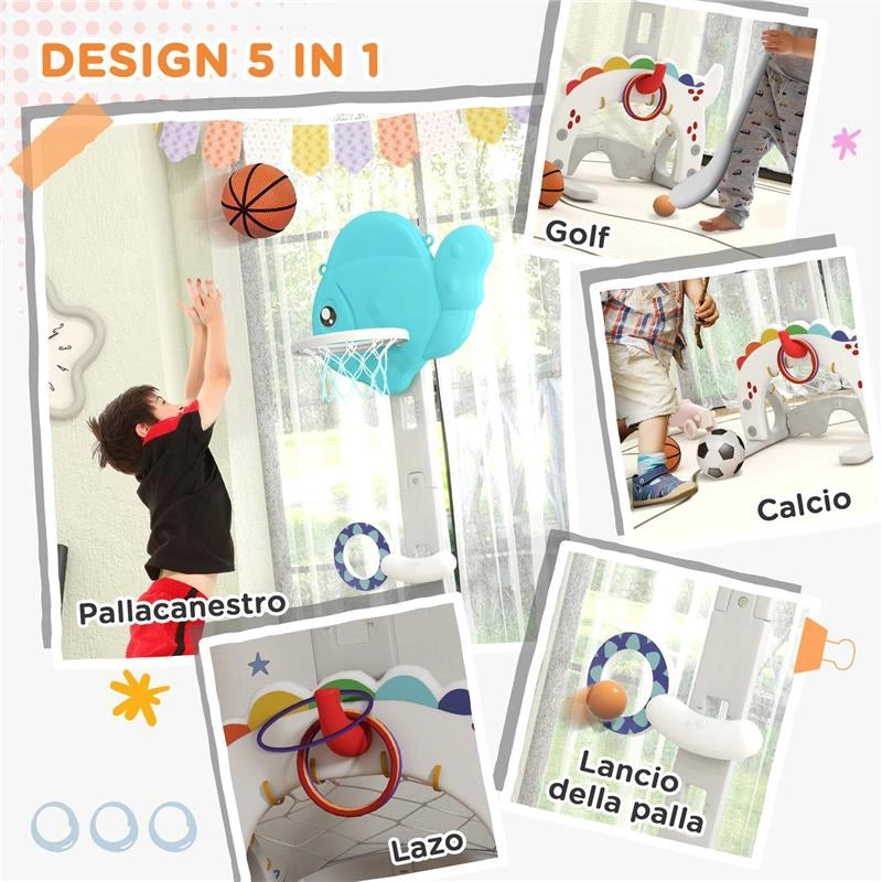 CANESTRO BASKET PER BAMBINI 5 IN 1 CON ALTEZZA REGOLABILE PORTA DA CALCIO E GOLF ETÀ 3-6 ANNI