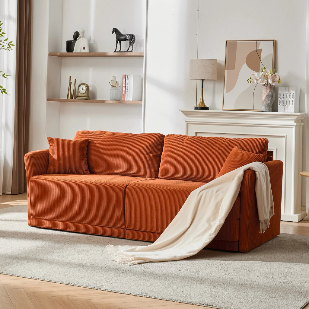 Divano letto multifunzionale in velluto a coste con seduta imbottita e struttura in metallo arancione 182 × 88 × 84 cm