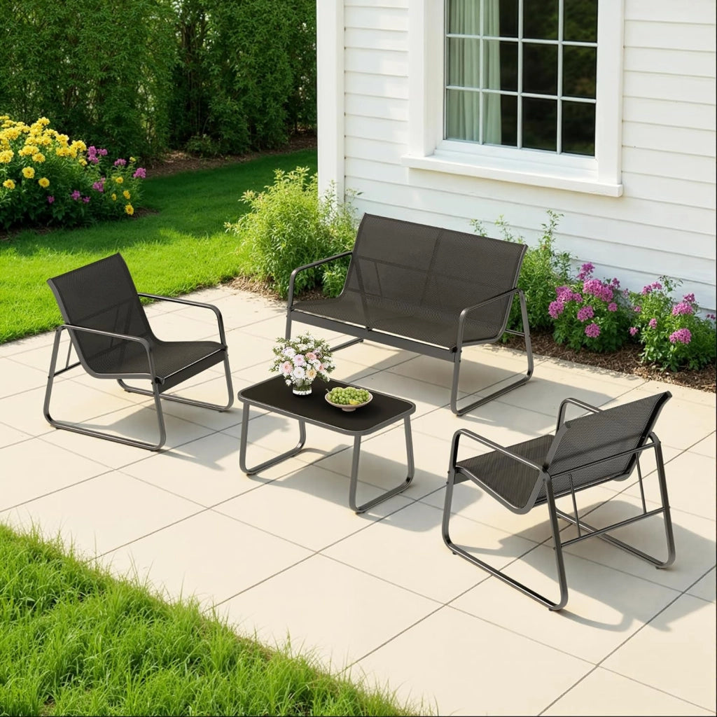 Set da Giardino 4 Pezzi, Mobili da Esterno in Tessuto Teslin, Salotto da Patio con 2 Poltrone, 1 Divano Doppio e 1 Tavolino in Vetro, per Giardino, Balcone e Terrazza (4pcs Set)