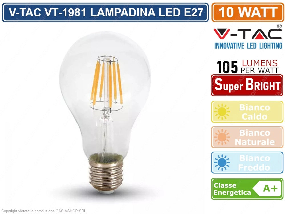 V-TAC VT-1981 LAMPADINA LED E27 10W BULB A60 GOCCIA FILAMENTO EXTRA LUNGO VETRO TRASPARENTE - Colore Luce:Bianco Freddo