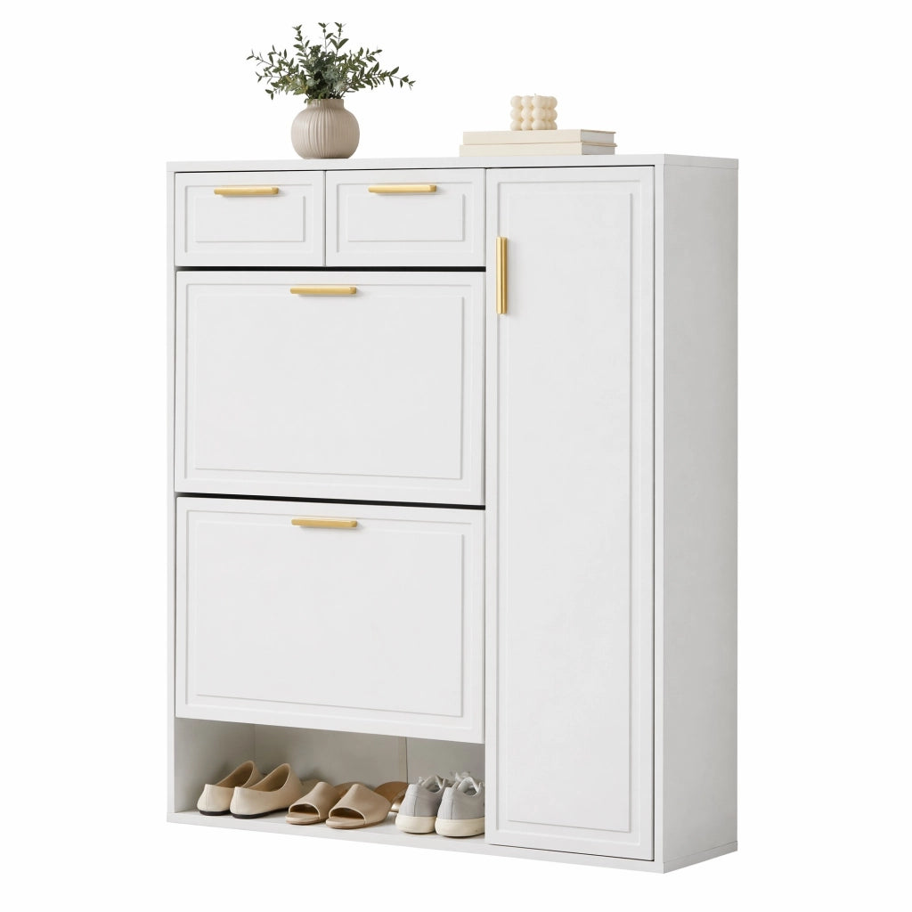 Scarpiera bianca con cassetti, ante e ripiani regolabili 95x24x107,5 cm