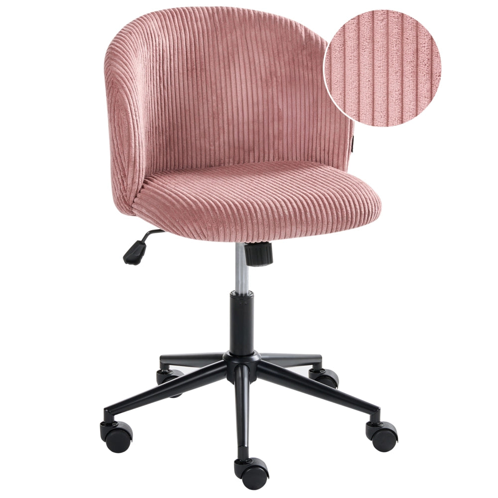 Sedia da ufficio rosa con seduta e schienale in velluto a coste, girevole, regolabile in altezza, moderna, per home office