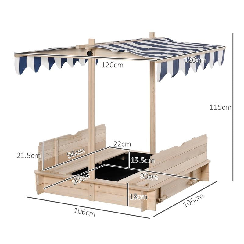SABBIERA PER BAMBINI CON TETTUCCIO PARASOLE 106X106X121 CM BIANCO E BLU