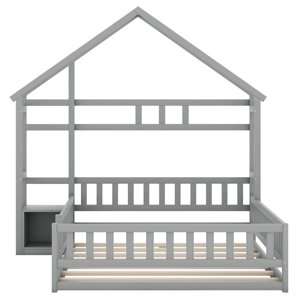 Letto casetta 140x200 cm con sponda; comodino; legno di pino; grigio