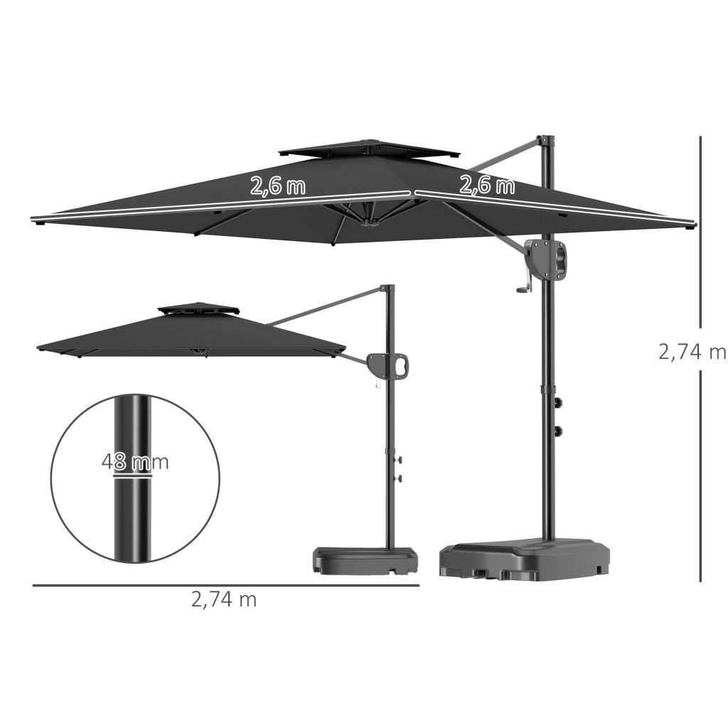 Parasol de'portato quadrato 2,5x2,5 m ¨C Zephmum ¨C Grigio scuro con manovella e 2 basi