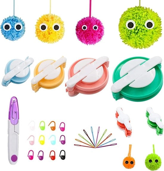 Kit per creare piume in fiocchi - Set di 6 strumenti per fare fiocchi - Attrezzi per creare palline soffici con 10 spiedini per grandi occhi - 12 spiedini - 1 paletta - per bambini e adulti - Fiocchi soffici DIY per decorazioni