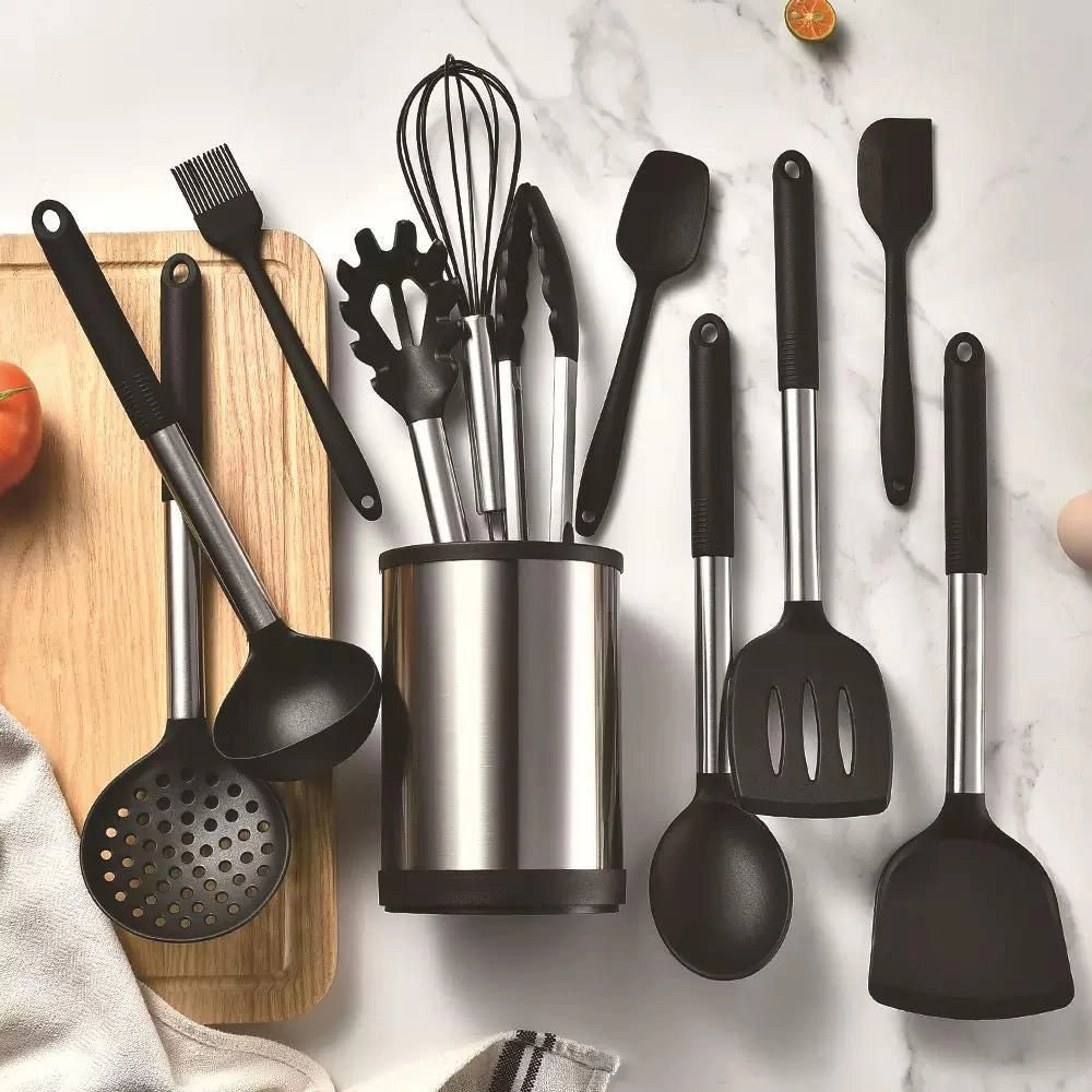 Trade Shop - Set 12pz Utensili Da Cucina Mestoli In Silicone Acciaio Antiaderente Portaposate Girevole -