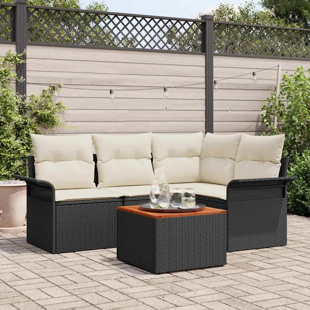 Set Divano da Giardino 5 pcs Nero e Crema polyrattan