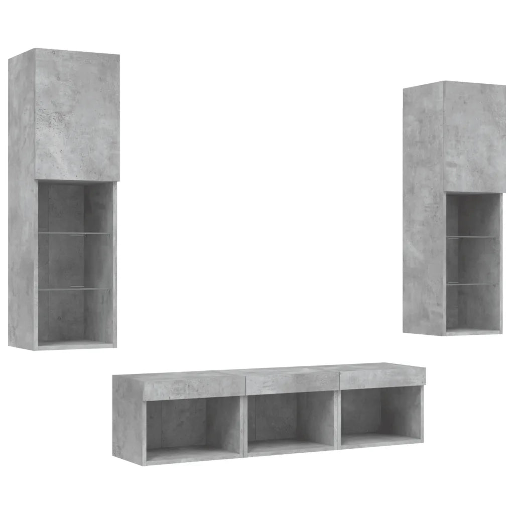 Mobili TV a Muro con LED 5pz Grigio Cemento Legno Multistrato
