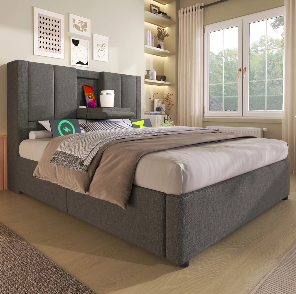 Letto singolo imbottito 90x200 cm con ricarica USB-C, grigio