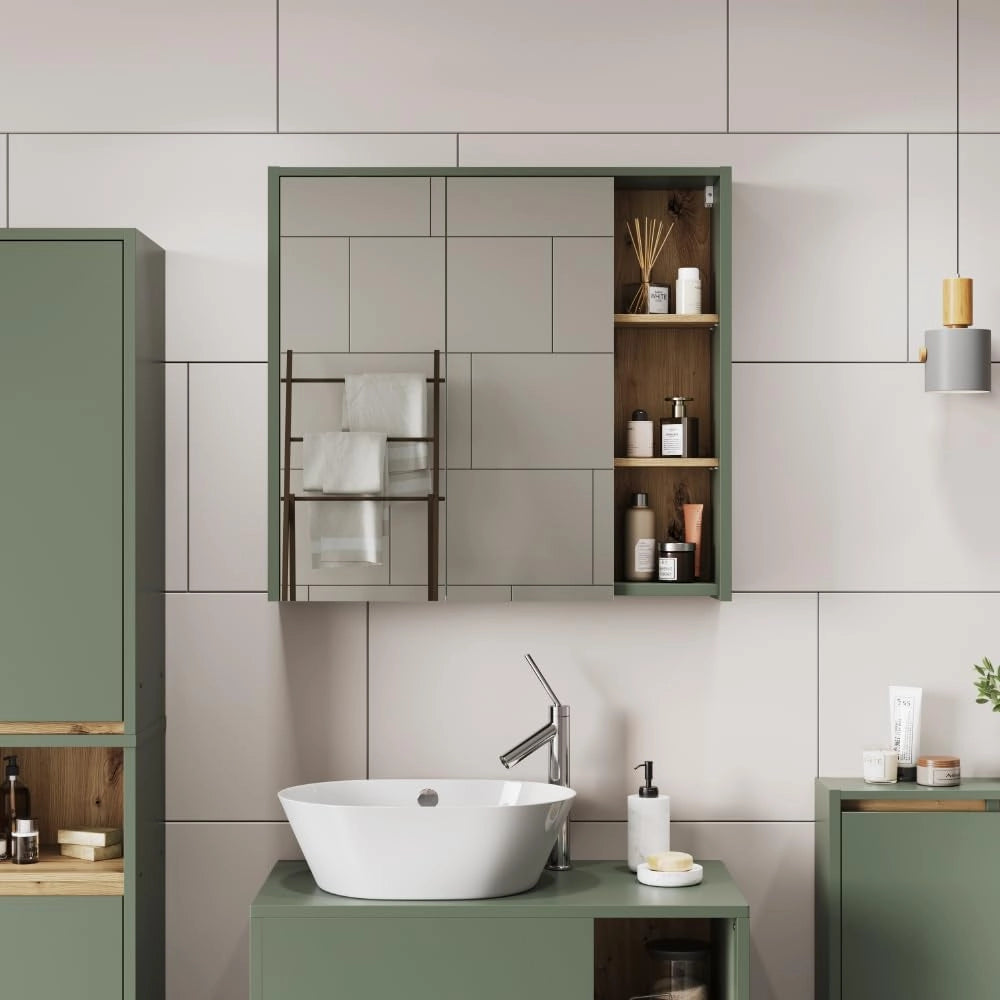 Mobile a specchio per bagno Viola, Verde/Artigianale, 80 x 75 cm con ripiani aperti, per montaggio a parete con specchio integrato e ripiani