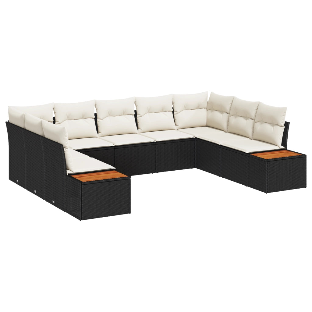 Set Divano da Giardino con Cuscini Nero Polyrattan Acacia