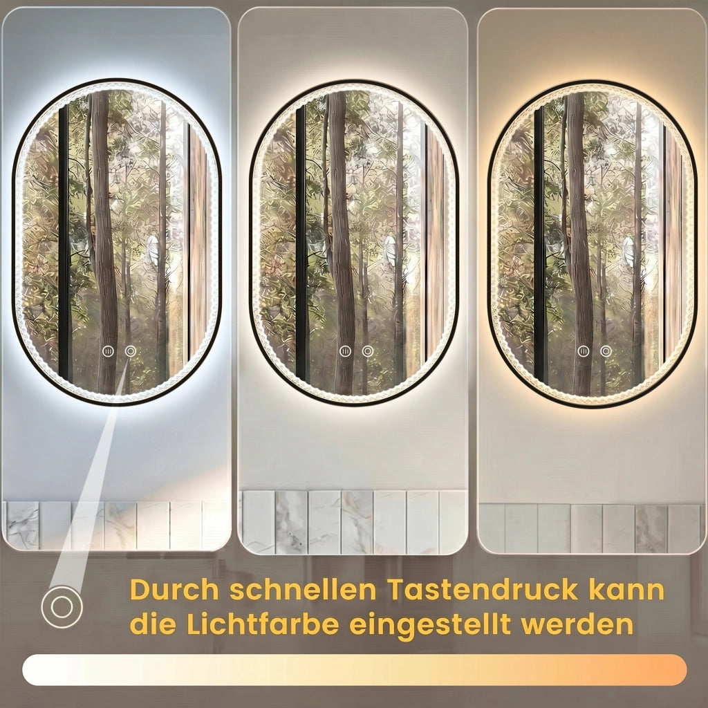 Specchio luminoso da bagno con controllo touch antiappannamento e 3 tonalità di luce in vetro nero 60 × 90 × 12 cm