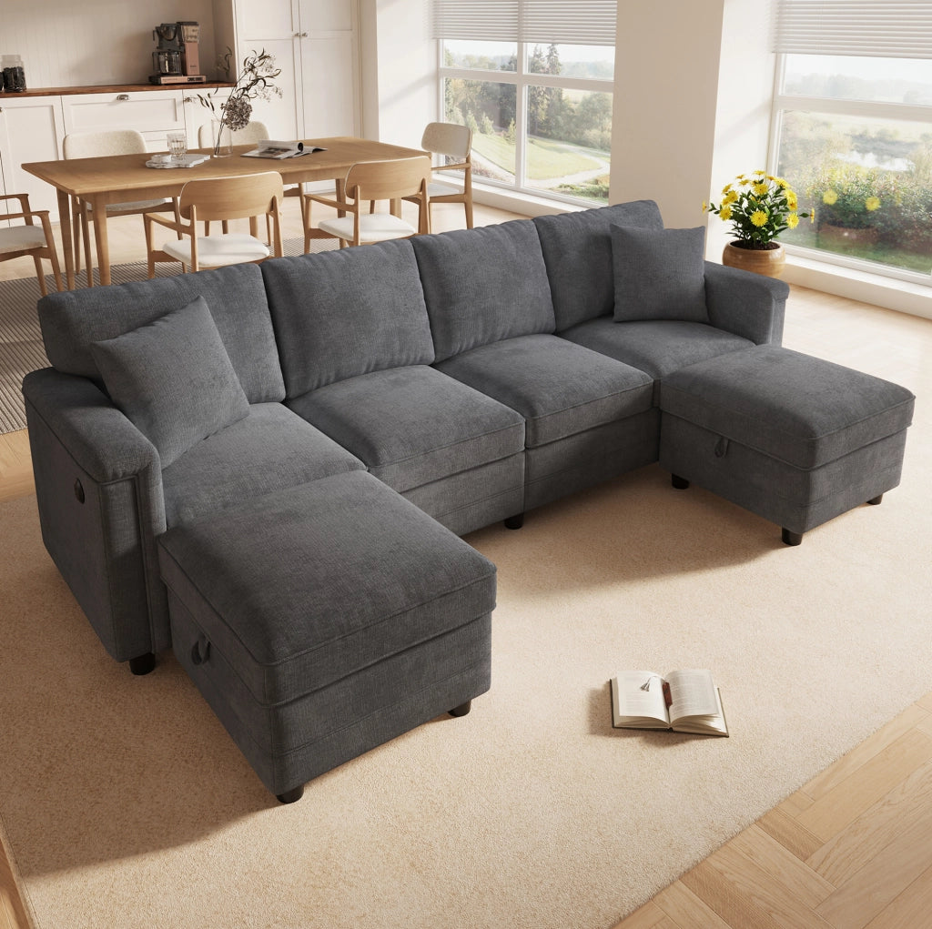 Divano modulare grigio in ciniglia 261x134x82 cm con 2 pouf contenitore; USB e Type-C