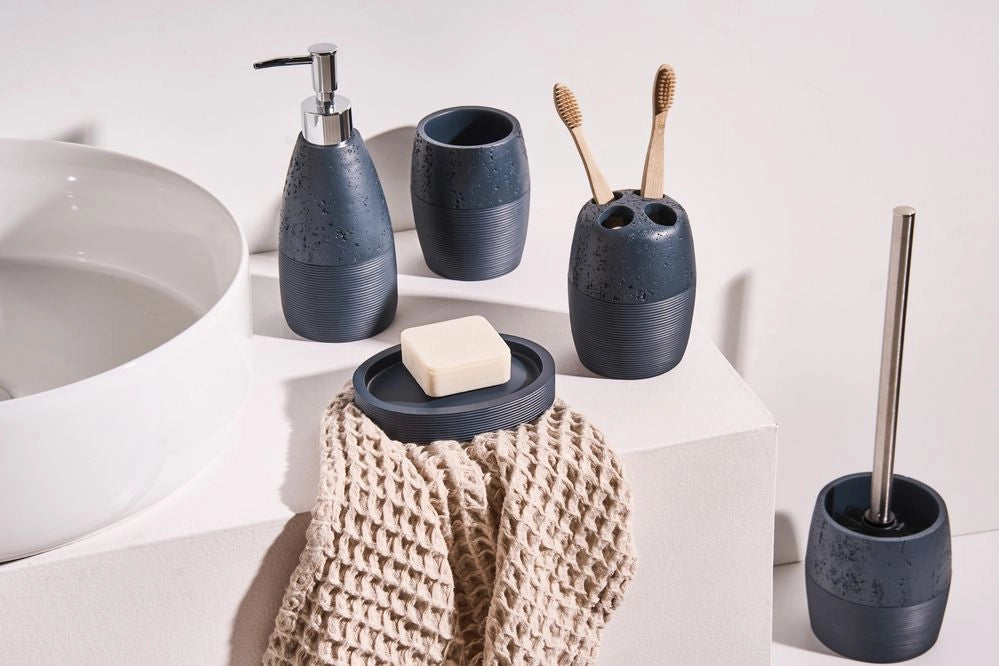 Set di 5 accessori per il bagno Dispenser per portasapone Spazzola da toilette Porta spazzolini Beige blu scuro elegante