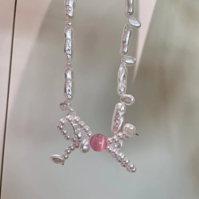 Collana con fiocco di perle rosa fatta a mano, regalo di Natale o di compleanno.