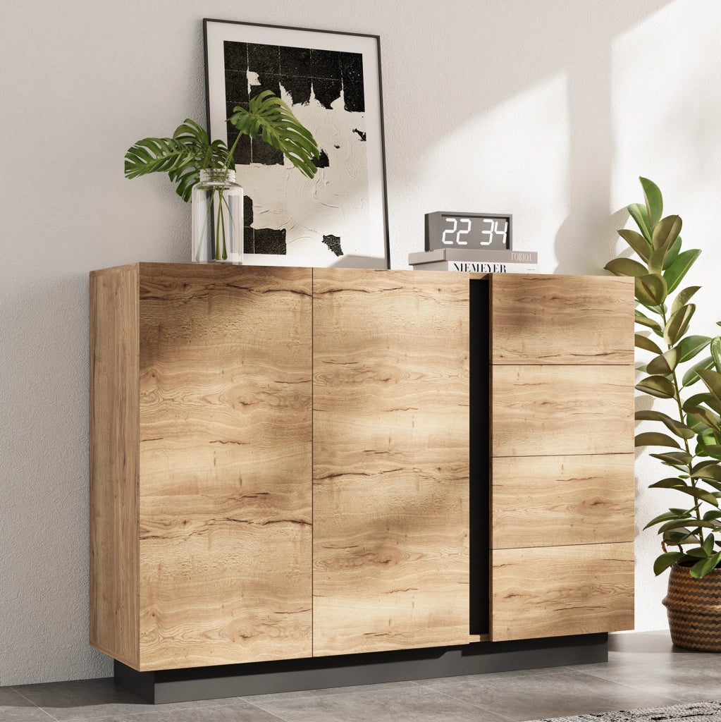 Credenza 120 cm con 2 ante e 4 cassetti nero e naturale