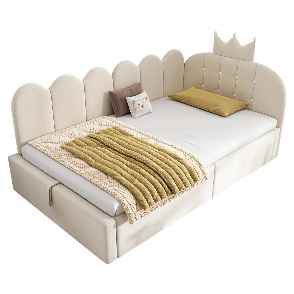 Letto divano singolo 90 × 190 cm con contenitore idraulico, testiera a corona, senza materasso, velluto beige