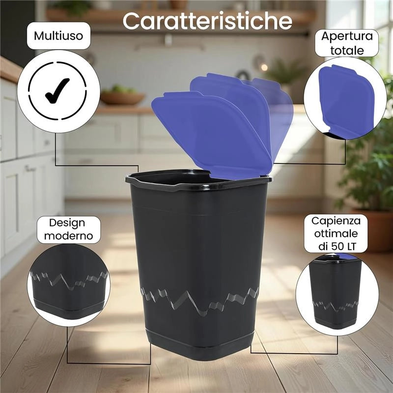 SET 3PZ PATTUMIERA 50 LT RECICLO CARTA, PLASTICA, VETRO PER RACCOLTA DEI RIFIUTI  36 X 40 X 54H CM
