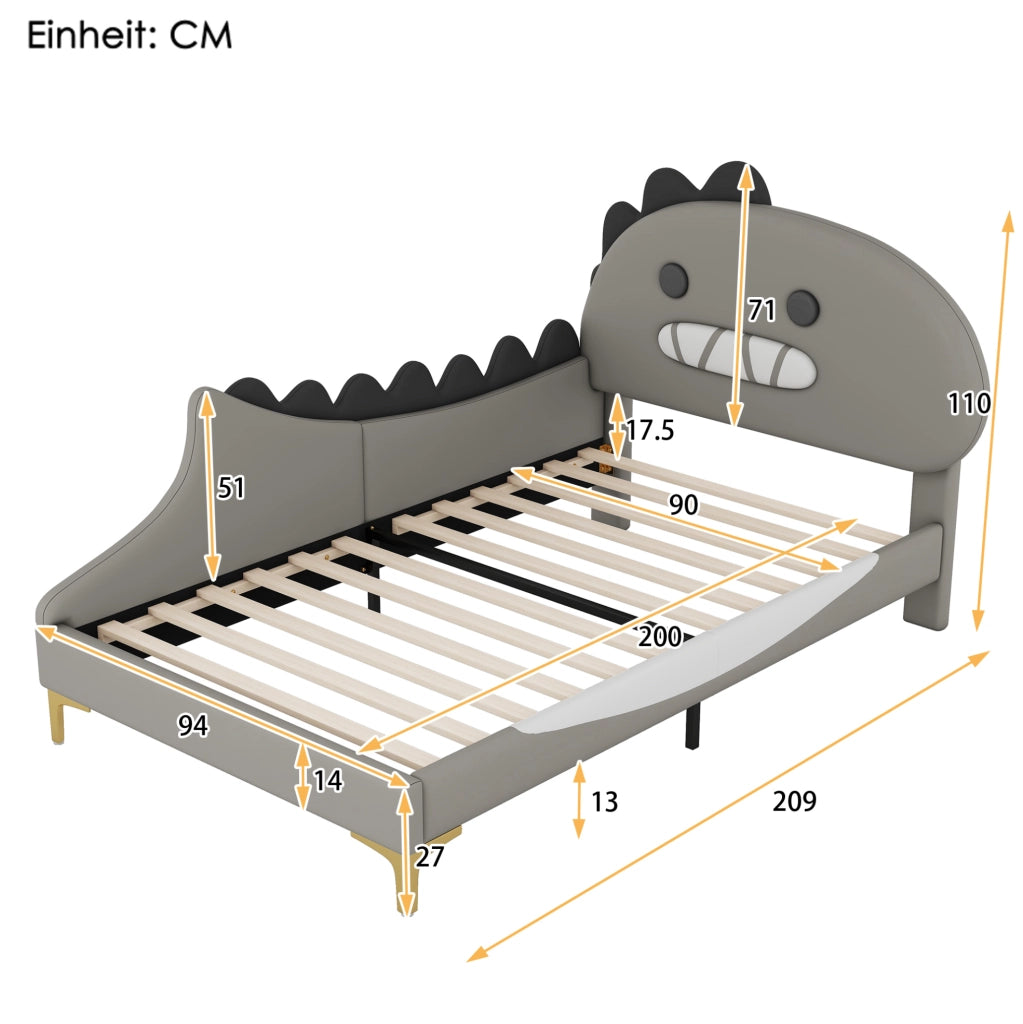 Letto per bambini a forma di dinosauro, 90x200 cm, in PU e MDF, colore grigio