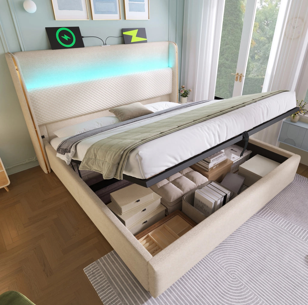 Letto matrimoniale idraulico 160x200 cm beige con LED e USB-C