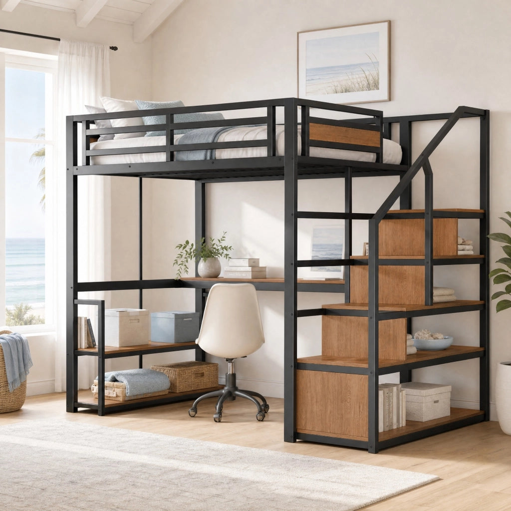 Letto a soppalco in metallo 140x200 cm nero con scale contenitore, ripiani e scrivania
