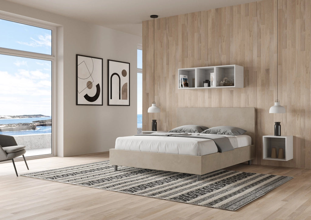 BS COM Letto matrimoniale francese con rete imbottito 140x200 microfibra sabbia
