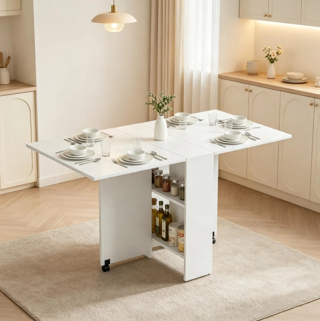 Tavolo da pranzo pieghevole ULEVR 75x140x74 cm con ruote frenate e 2 ripiani, bianco