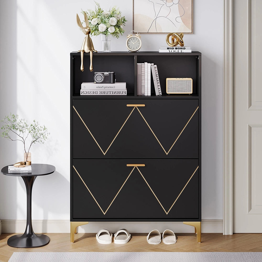 Armadio porta scarpe 2 ante 80x25x117 cm - Xylo - 4 scomparti, 2 ripiani aperti, piedi rialzati, MDF e metallo