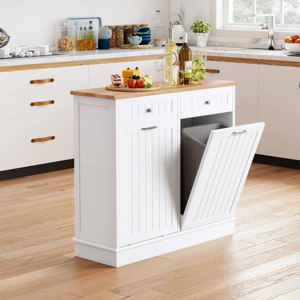 Isola da cucina con cestini ribaltabili doppi per pattumiera piano legno caucciù tagliere 2 cassetti-Mobile contenitore nascosto riciclaggio cucina