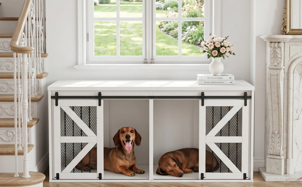 Cuccia per cani con divisorio centrale fisso e porte scorrevoli in MDF e metallo bianco 160 × 60 × 75 cm